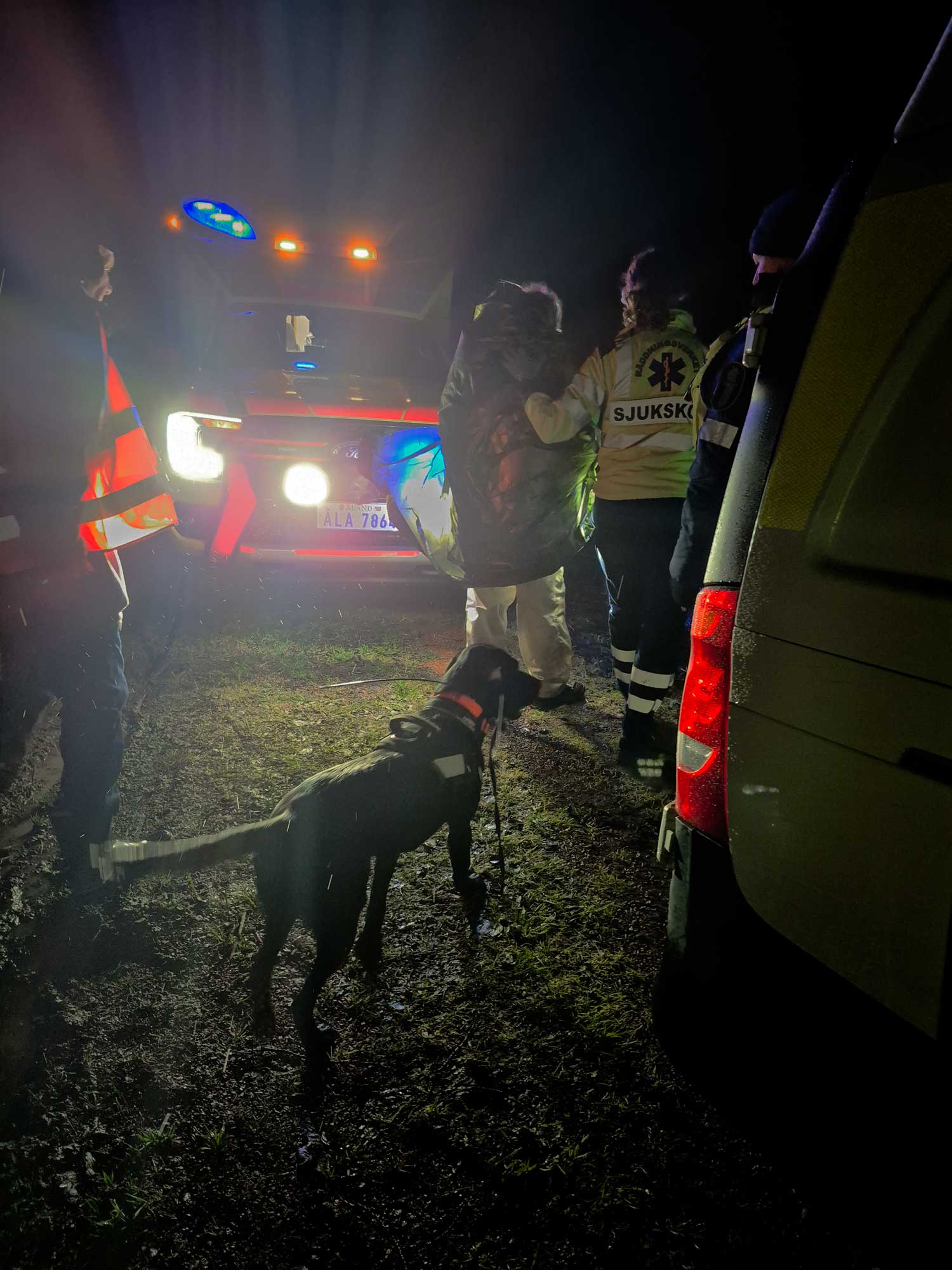 Nattscen med myndigheter och utryckningsfordon. Gränshund Cosmo längst fram.