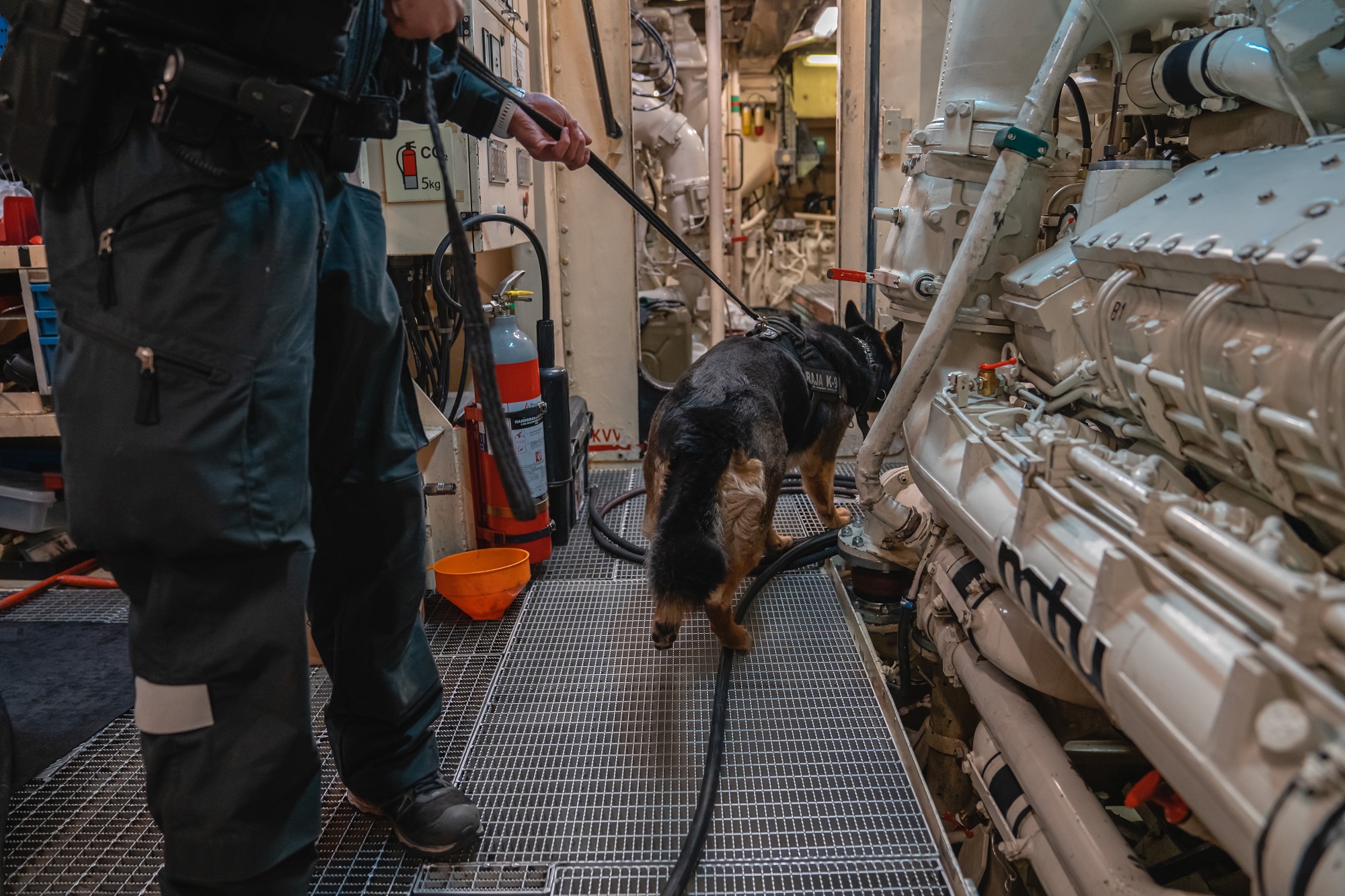 En hund och en hundförare i ett maskinrum av ett fartyg.