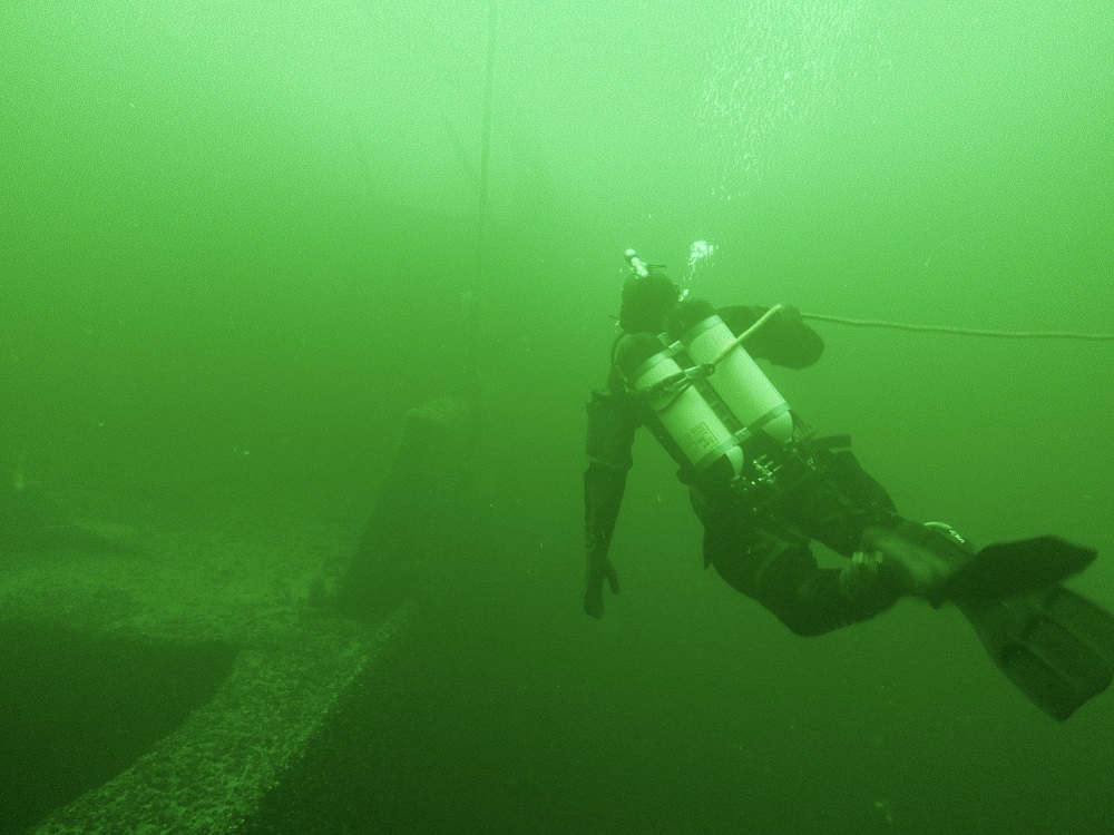 En dykare dyker till vraket i grönt vatten.