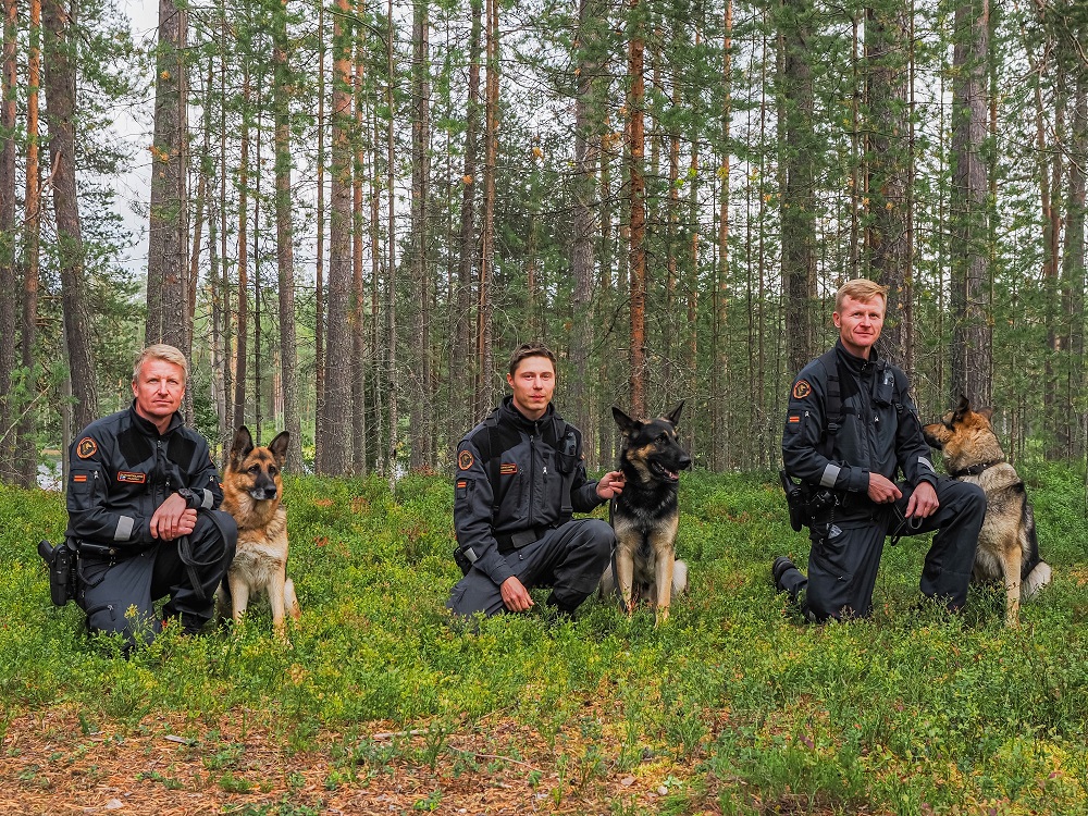 Metsä, jossa kolme henkilöä polvillaan vierekkäin. Jokaisella on vierellään koira.