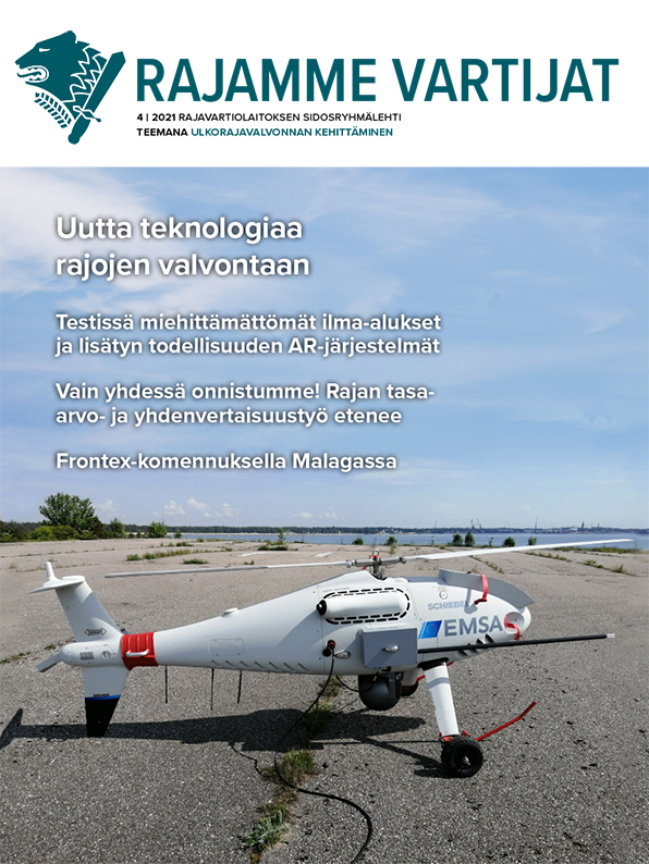   Lehden kansikuva, jossa drone, jonka kyljessä lukee EMSA.